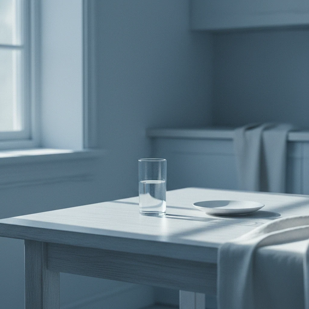 Morgenmad med et glas vand og en kapsel på et lyst bord